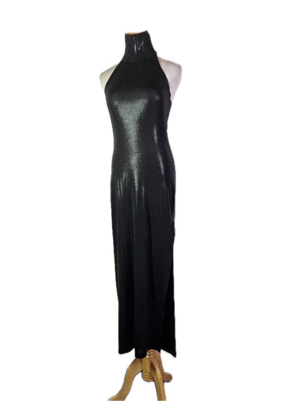 Norma Kamali Size XS / 34 Shimmery Black Stretchy Dress Sleeveless High Neck